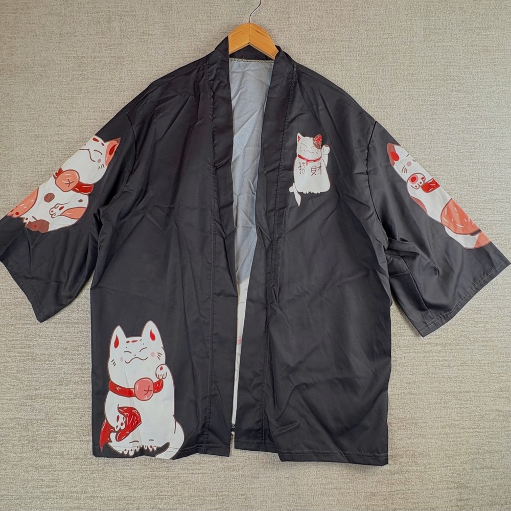 LAI MENG FIVE CATS Women's Lucky Cat Cardigan Kimono One Size Black NEW Harajuku